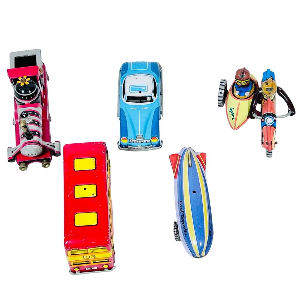 Vintage Tin Ornaments Toys Lot of 5 Germany Train Bus Motorcycle Blimp Car